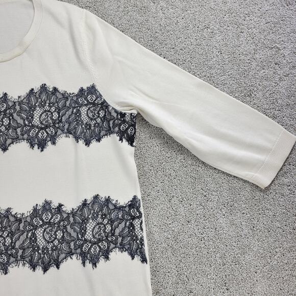 Talbots Womens Sweater XL Cream Black Paisley Eyelash Lace Stripes Crew Neck - Picture 7 of 12